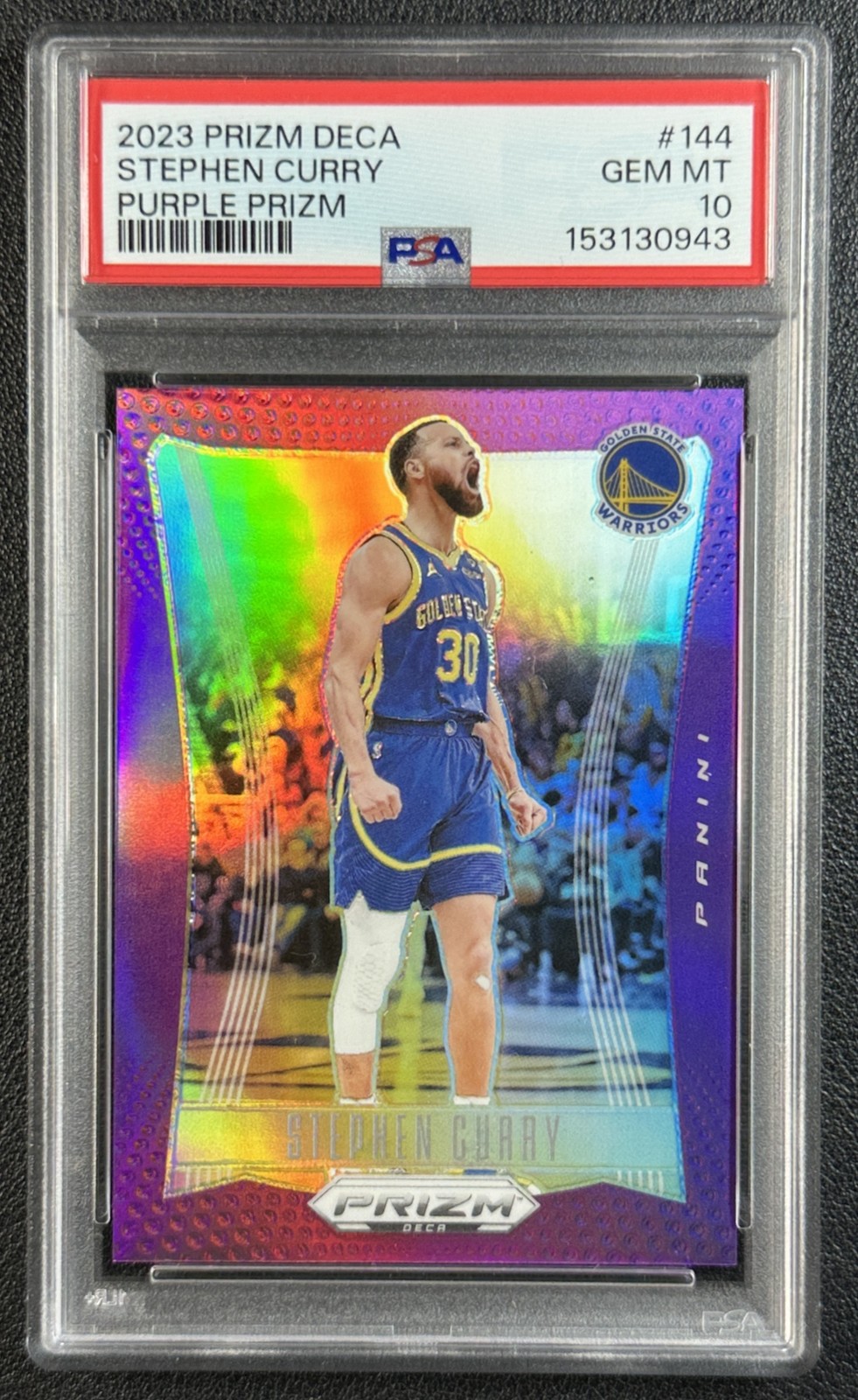 STEPHEN STEPH CURRY PSA 10 2023-24 PANINI PRIZM DECA #144 PURPLE 81/99 WARRIORS
