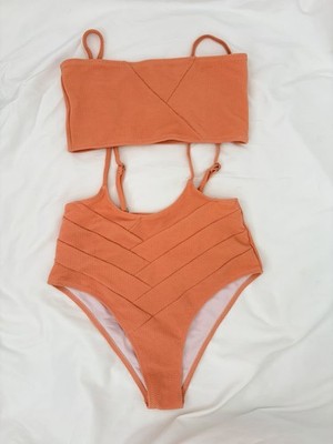 Cupshe Two Piece Swimsuit High Waisted Orange Tube Top Ribbed Size Medium