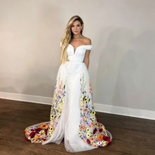 3D Multi Color Flowers Mermaid Evening Dresses With Detachable Train Prom Gowns