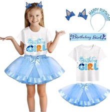 Girls Birthday Costume T-Shirt And Tutu Dress Headband Satin Sash Birthday Party