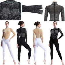 Womens Bodysuit Sheer Jumpsuit Patchwork Rompers Mesh Rhinestones Club Glittery