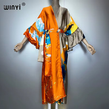 Fashion Print Self Belted Dress Women Abaya  Holiday Bubble Sleeve Cardigan Beac