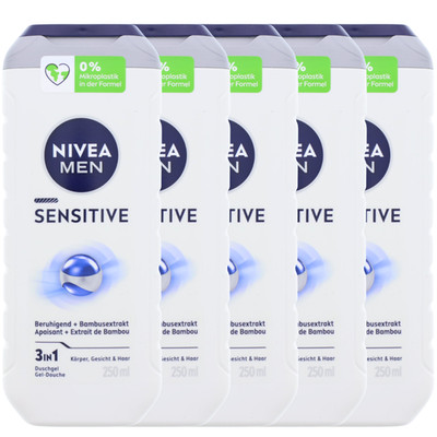 5 x NIVEA MEN Sensitive Duschgel je 250ml 3in1 Pflegedusche empfindlicher Haut