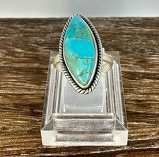 Native Southwest Style Sterling Silver Kingman Turquoise Rope Edge Ring 6.75