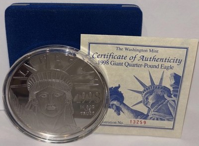 1998 Statue of Liberty 4 oz Silver Coin Giant Quarter-Pound Eagle