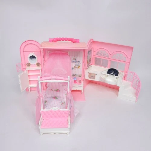 Vintage Barbie Bedroom Playset Pink Fold Up Carry Case Bed Furniture 1998