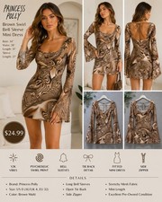 Princess Polly Brown Abstract Satin Mini Dress Square Neck Flare Sleeve Tie 4