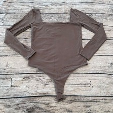 nuuds Warm Brown Long Sleeve Square Neck Thong Bodysuit Size Medium