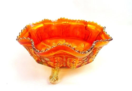Fenton Carnival Glass Marigold Butterfly & Berry Claw Footed 9 1/8" Bowl 1910-15