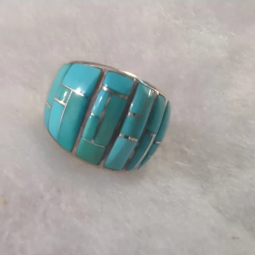 Charming GL Miller Studio Signed Sterling Silver Inlaid Turquoise Ring Sz 10