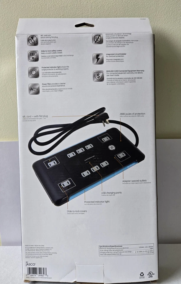 NEW GE Ultra Pro Surge Protector Charging 10 Outlets + 2 USB Ports 4 Ft Cord  - Image 2 of 2