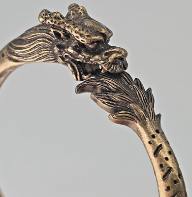 Dragon Hinged Bangle Bracelet Antique Gold Tone Fantasy Statement Asian Magical