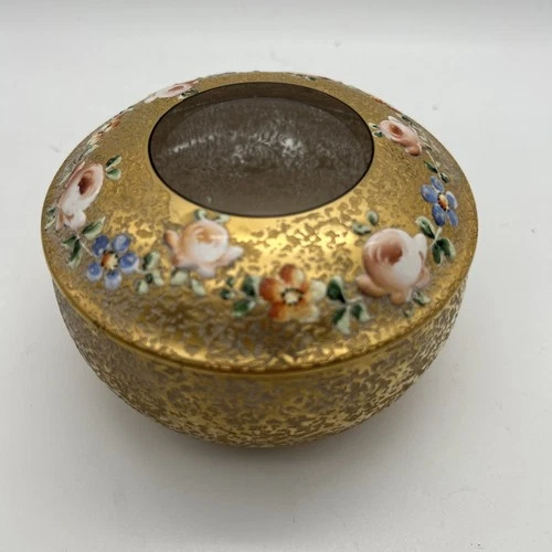 Textured Gold Devilbiss Perfume Vanity Glass Powder Box Floral Garland 1920s