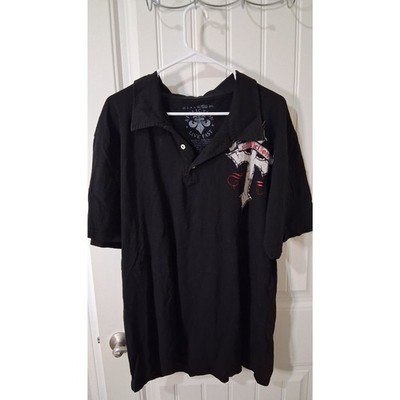 Affliction Live Fast Men s XXL Black Polo Shirt Skull Wings Cross Graphic