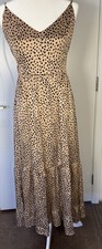 Beige Black Leopard Animal Print V-Neck Strappy Open Back Maxi Dress Womens