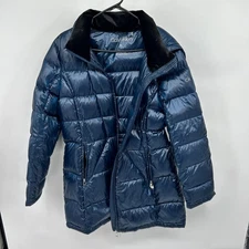 Calvin Klein Womens XL Packable Premium Down Puffer Hooded Coat Blue -8F Warmth