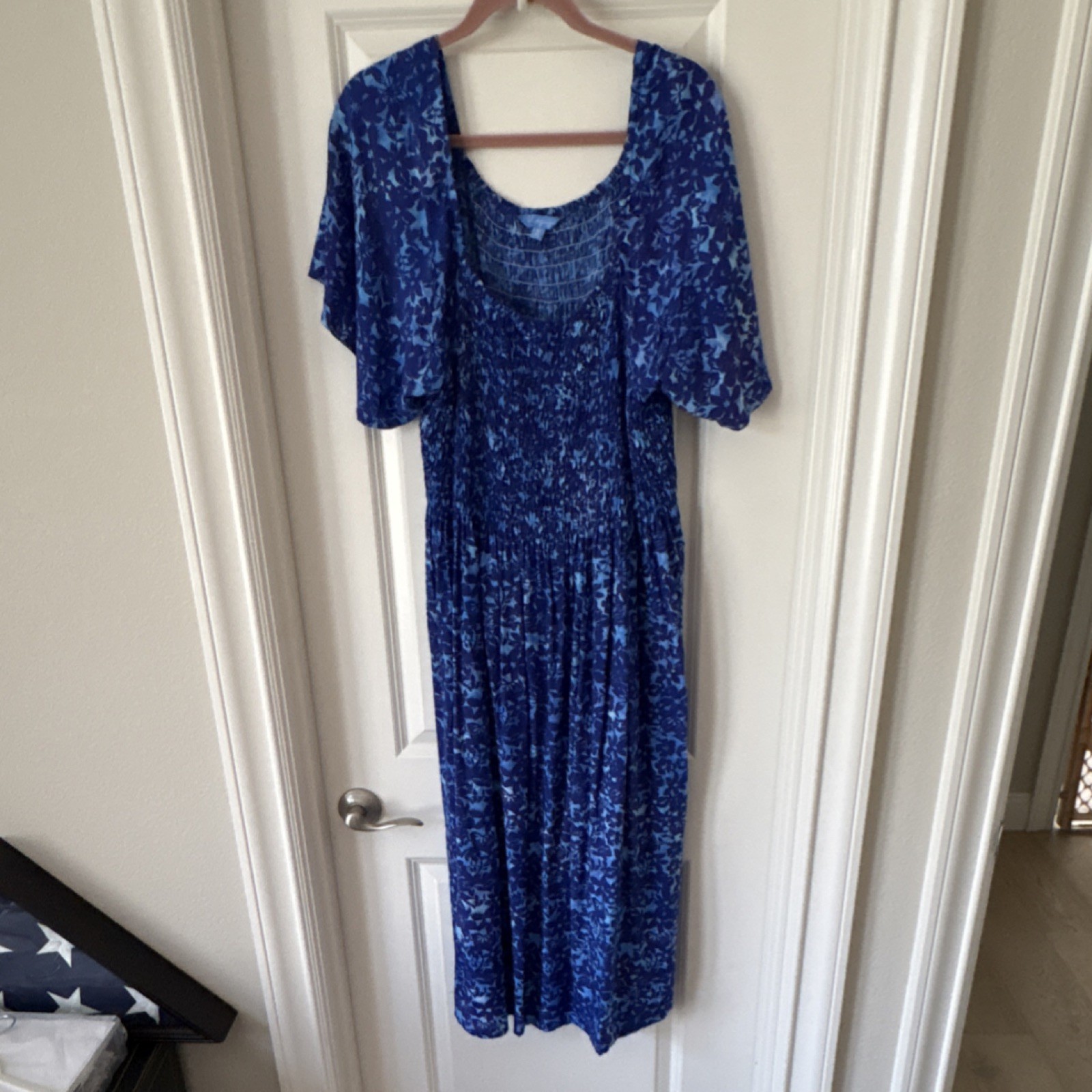 blueginger Floral A-Line Midi Dress Blue Scoop Neck Short Sleeve Rayon XL