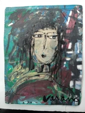  ABSTRACT  EXPRESSIONISM PORTRAIT   PRIMITIVE ORIGINAL FLAT CANVAS PAINTING