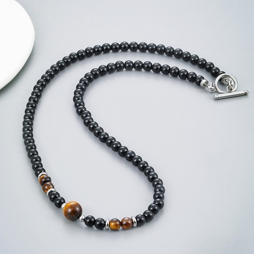 Natural Tiger Eye Obsidian Stone Beaded Necklaces for Men Stainless Steel Clasp - Picture 2 of 16