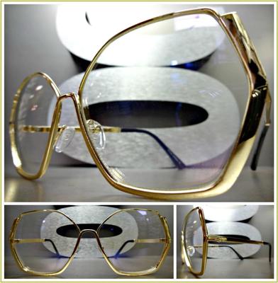 OVERSIZE CLASSIC 70s RETRO Style Clear Lens EYE GLASSES Large Gold Hexagon Frame