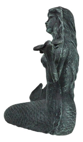 13 Zoll L Gusseisen große nautische Sirene Meerjungfrau hält Seestern Verdi grüne Statue - Bild 3 von 9
