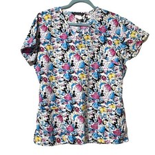 Cassandra O women  s size M v neck faux wrap short sleeve blue floral scrub top