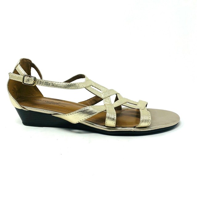 NATURAL SOUL by Naturalizer Gold Metallic Leather Flat Sandals Sz 10M Comfort | eBay