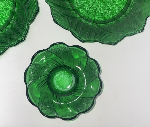 VTG Anchor Hocking Forest Green Glass Lotus Leaf Blossom 2 Plates, 1 Bowl - Bild 9 von 15