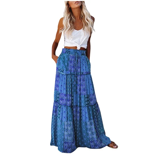 Bohemian Rock Patchwork Langrock Boho Ethno Print Maxi Retro A-Linie Plissee - Bild 15 von 40