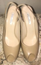 Oscar De La Renta Nude White Patent Peep toe Slingback Platform Heels 40 EUC