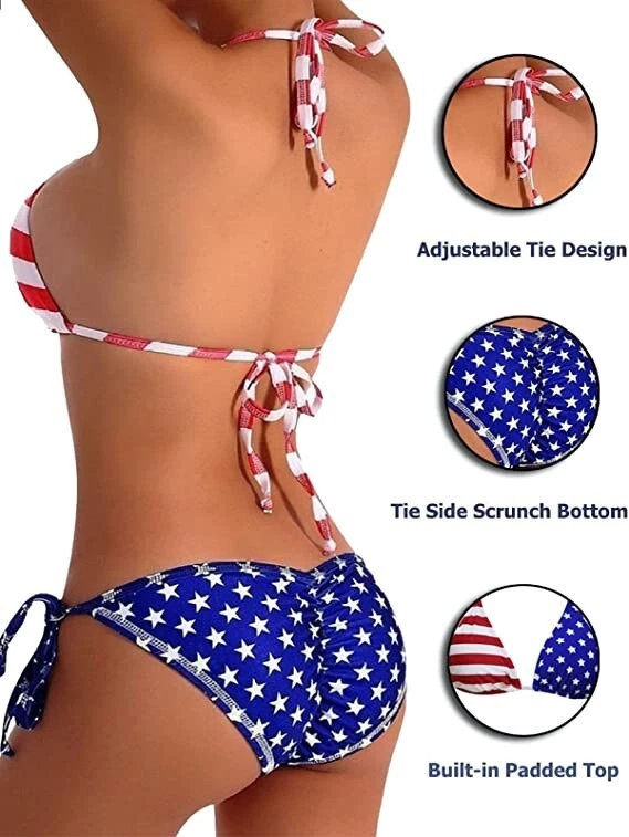 American Flag Print Halter Triangle Bikini Swimsuit - Sexy, 4th of July Party - Image 4 of 4