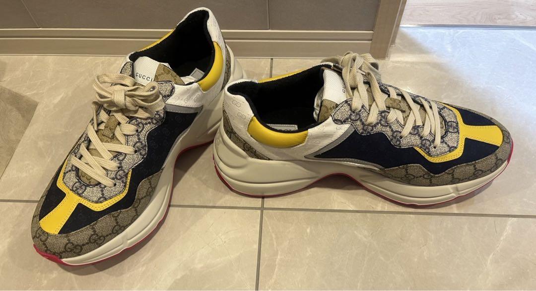 GUCCI Men's GG Rhyton Sneakers Beige/Navy/Yellow Size 10 US GUCCI Men's GG Rhyton Sneakers Beige/Navy/Yellow Size 10 US