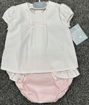 YOEDU BABY KLEID MIT WINDELHOSE SET ALTER 24 MONATE WEISS/ROSA GEPUNKTET NEU #Y9