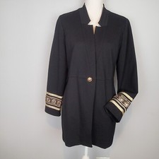 Chicos Blazer Jacket long coat blazer Size 1 Black Ponte Cuff Gold Embroidered