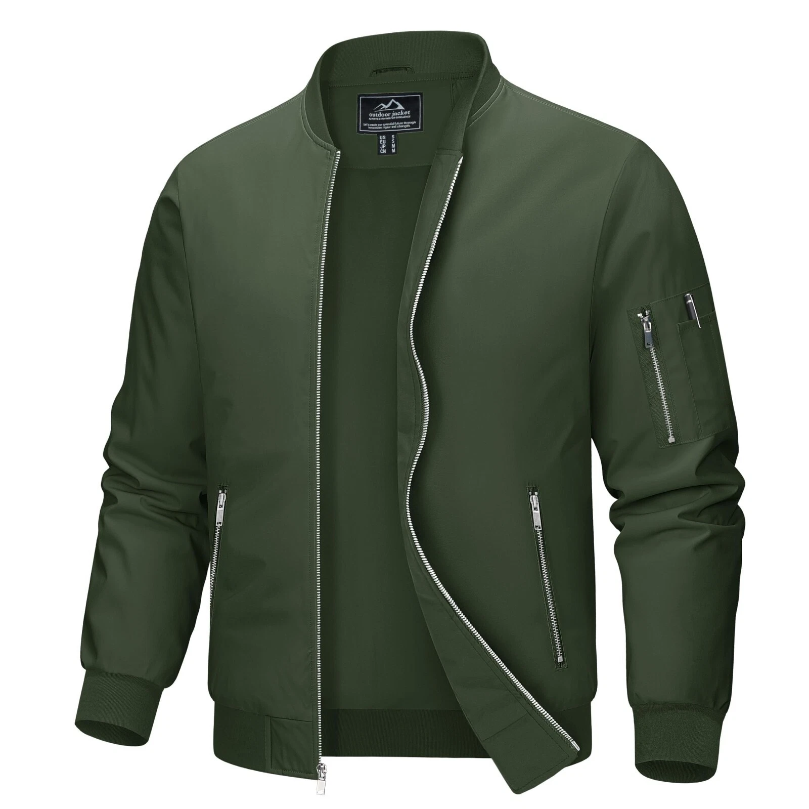 Men's Lightweight Windbreaker: Army Green Bomber Jacket with Multi Pockets.