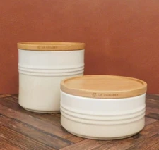 Le Creuset Stoneware Canister with Wood Lid, Set of 2 in Meringue - New