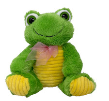 DAN DEE Green Smiling Frog 10" Plush Big Eyes Yellow Ribbed Tummy Pink Bow