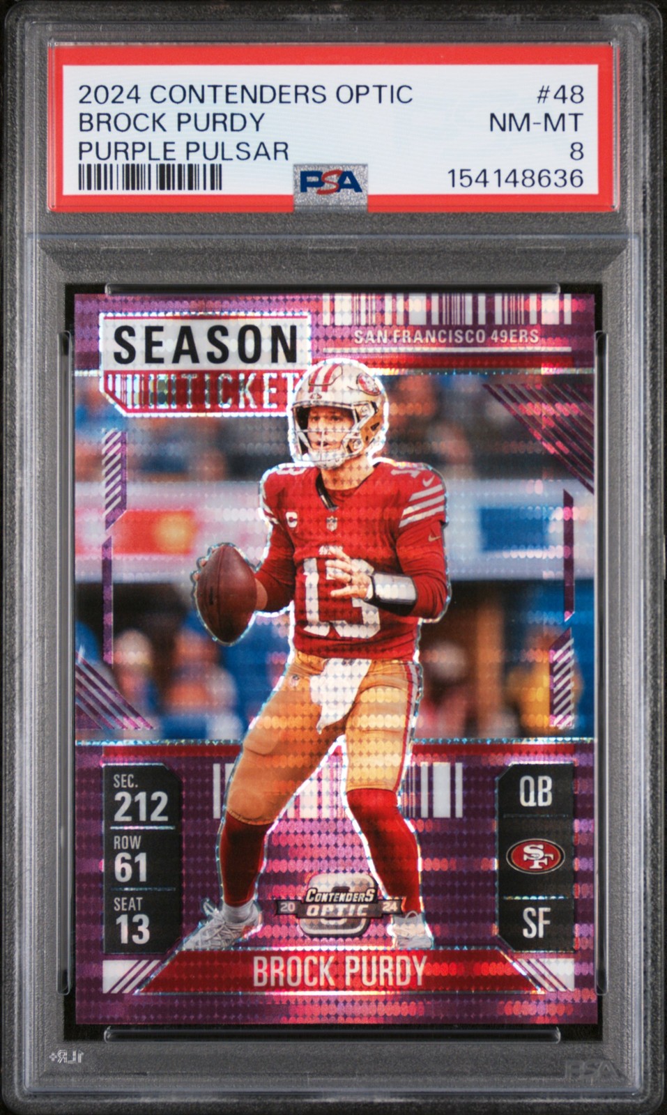 2024 PANINI CONTENDERS OPTIC PURPLE PULSAR #48 BROCK PURDY 20/37 PSA 8 view 1