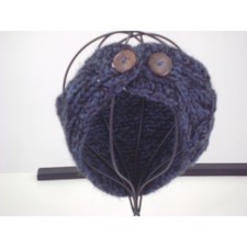 Navy Blue Wool Blend Chunky Knit Headband Ear Warmer with Flower Button