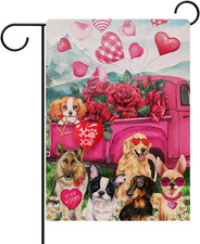 Valentine'S Day Pink Rose Flower Red Truck Dog Decorative Garden Flag, Floral Ho