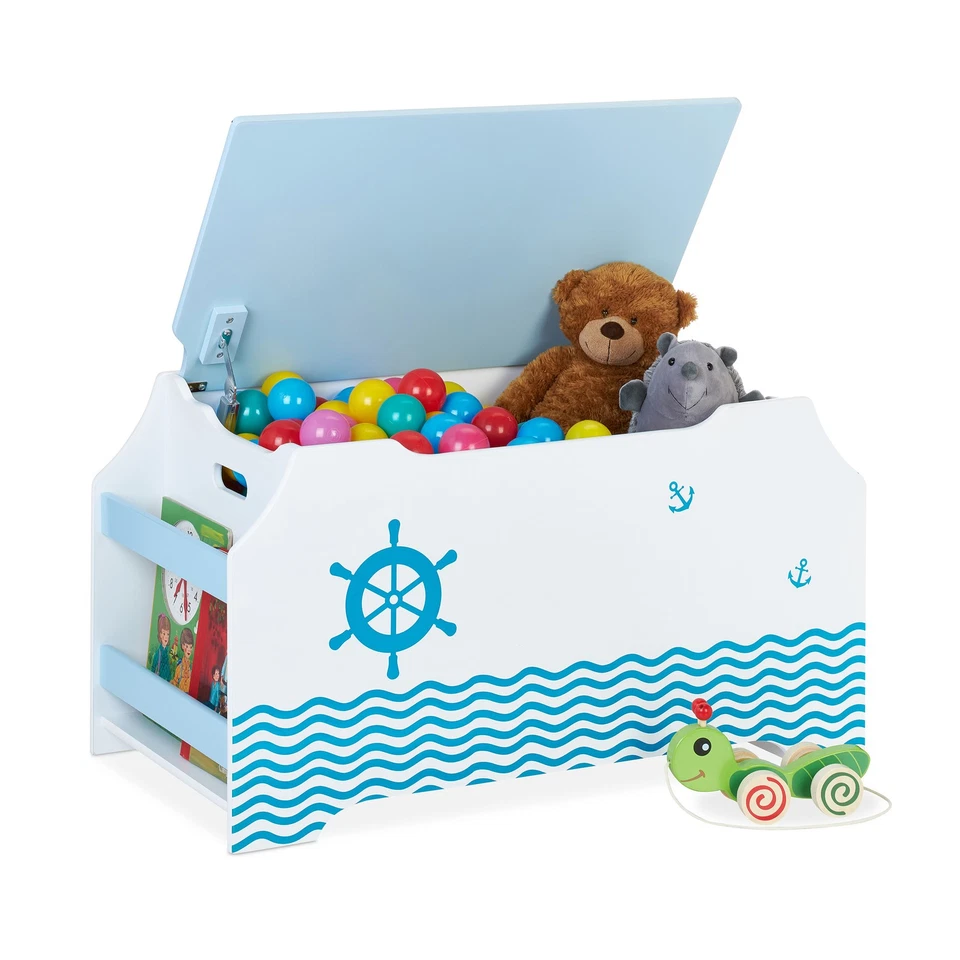 Coffre jouets blanc bleu Boîte couvercle Rangement Caisse jeu chambre enfant mer - Photo 1/4