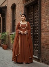 Ethnic Wear Faux Georgette Brown Gown Bottom With Dupatta For Women  Girls