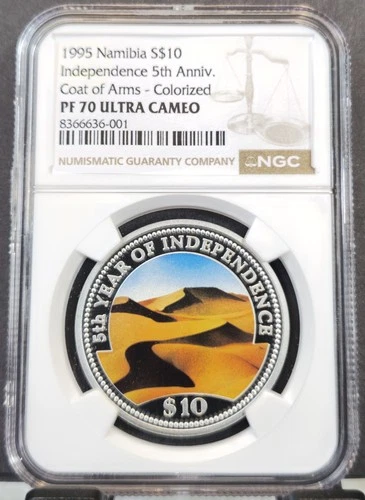 1995 NAMIBIA SILVER 10 DOLLARS INDEPENDENCE ANNIVERSARY NGC PF 70 ULTRA CAMEO