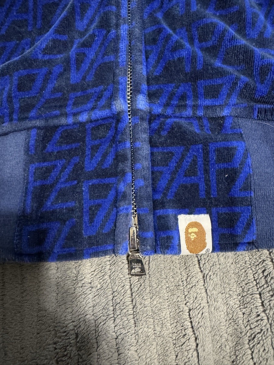 BAPE Logo Monogram Velour Shark Full Zip Hoodie Navy A Bathing Ape