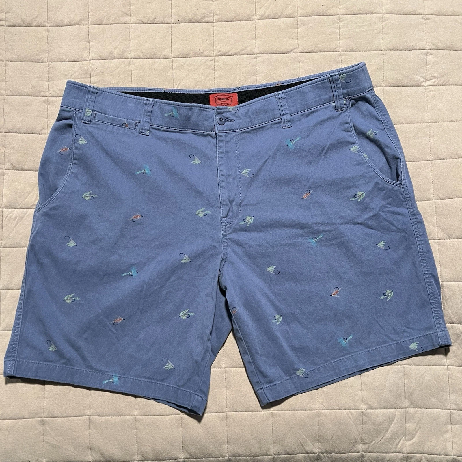 Foundry Men's Slate Fly Fishing Embroidered Chino Shorts Flat Front Casual Sz 46