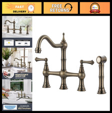 Antique Bronze Bridge Kitchen Faucet with Side Sprayer, 2 Handle 8" Centerset, V