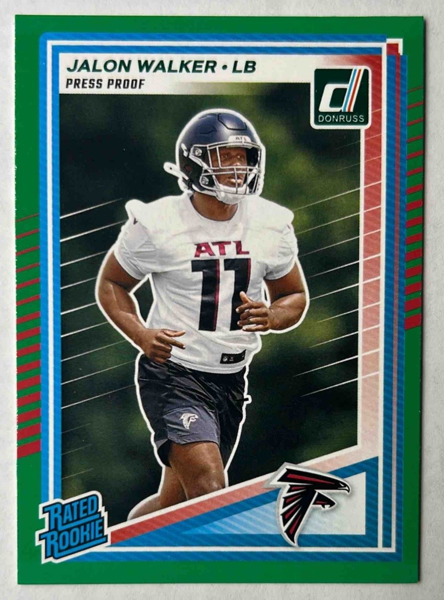 2025 Panini Donruss Jalon Walker Rated Rookie Press Proof Green #344 RC Falcons