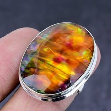 Natural Ammolite Gemstone Handmade 925 Steling Silver Jewelry Ring Size 8 H138