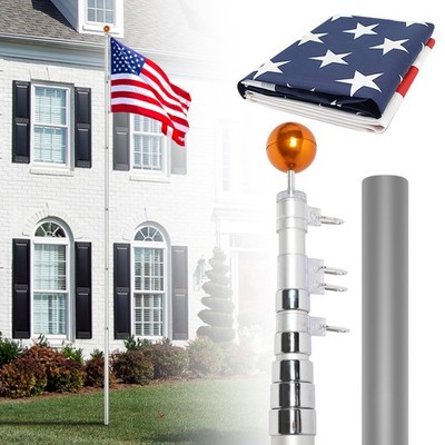 20ft Telescopic Flag Pole Ball Top Kit 16 Gauge 3'x5' Free US American Flag Kit