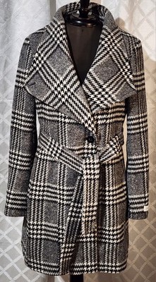 Calvin Klien Women's Houndstooth Plaid Coat - Medium - Belted - Blk/White - EUC